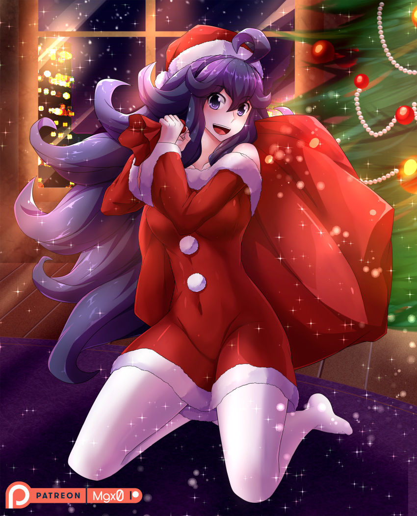 1girls alternate_version_available christmas christmas_clothing christmas_tree happy hex_maniac long_hair mgx0 pokemon purple_eyes purple_hair smile socks solo tagme thighhighs