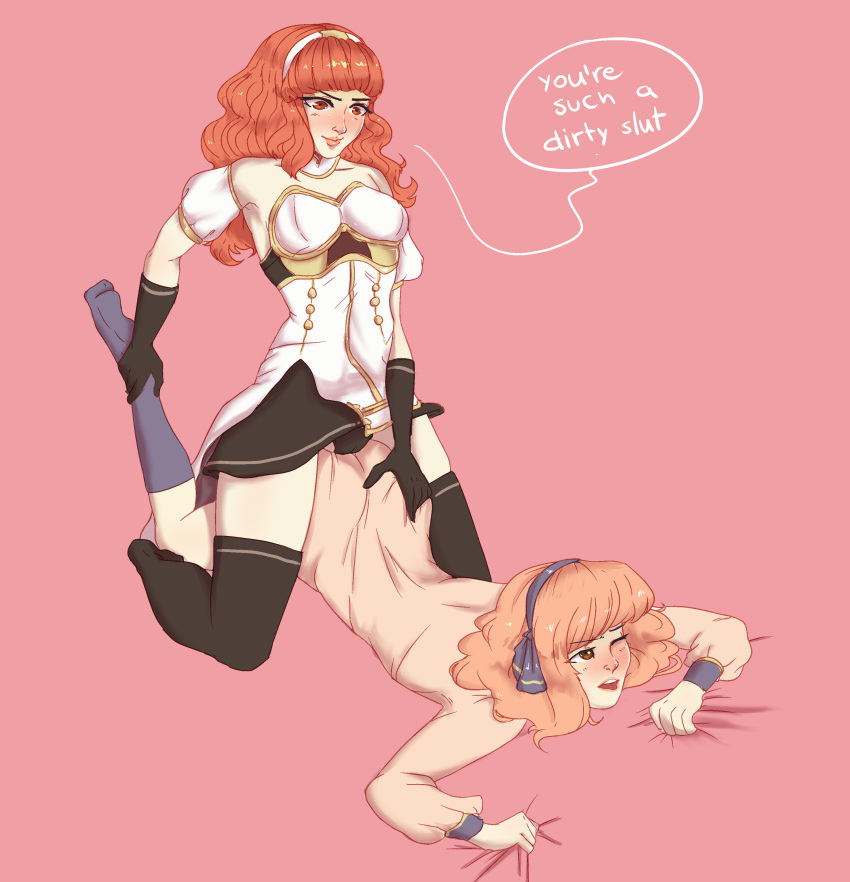 2girls celica_(fire_emblem) clothed dress dry_humping english_text fire_emblem fire_emblem_echoes:_shadows_of_valentia fluffy_hair genny_(fire_emblem) groping_ass inraneko looking_pleasured nintendo on_top pink_hair pussy red_hair sitting_on_ass sitting_on_person speech_bubble spread_legs text yuri