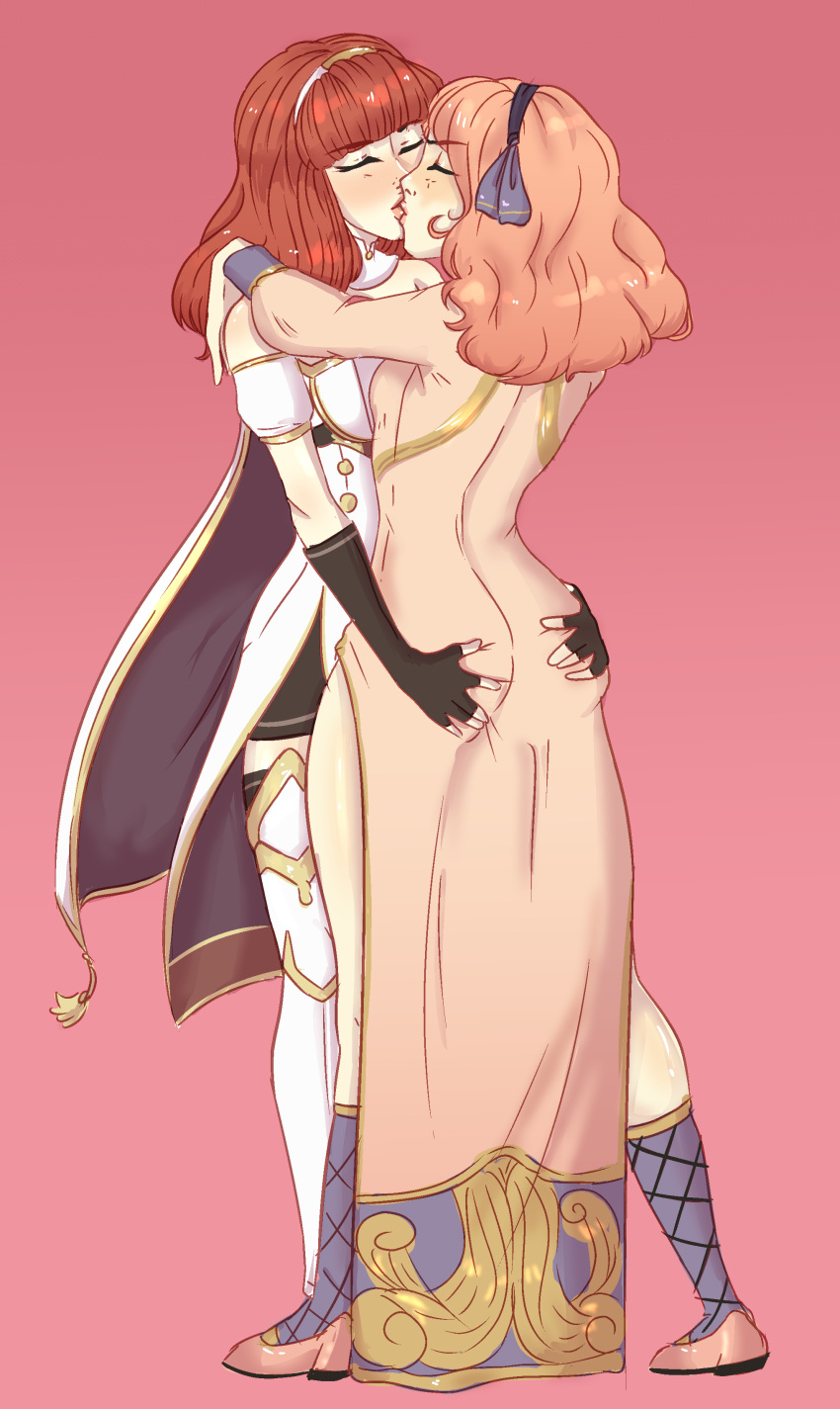 2girls ass ass_grab celica_(fire_emblem) clothed dress fire_emblem fire_emblem_echoes:_shadows_of_valentia fluffy_hair fully_clothed genny_(fire_emblem) groping groping_ass hands_on_ass inraneko kissing nintendo pink_hair red_hair tight_dress yuri