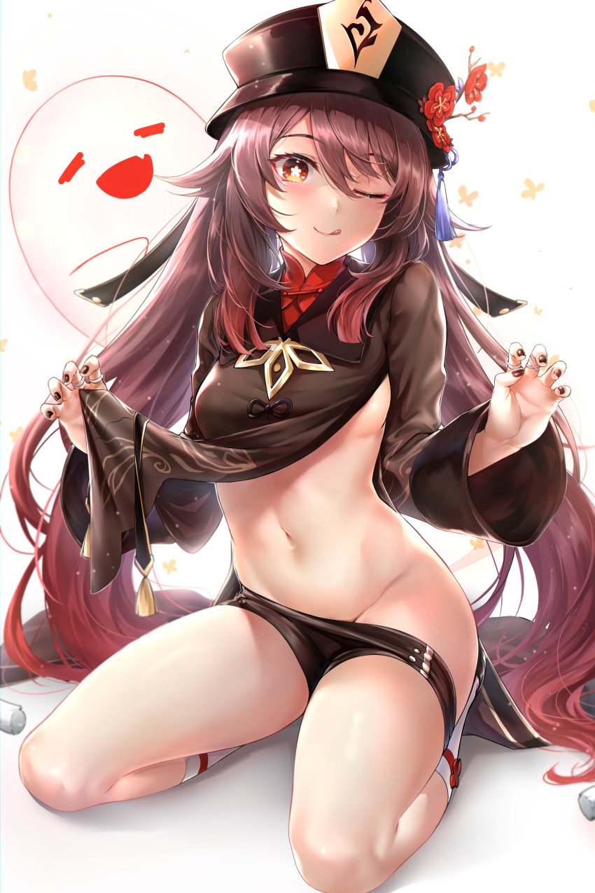 1girls boo_tao_(genshin_impact) breasts brown_hair female female_only genshin_impact ghost hat hi_res hu_tao_(genshin_impact) lifting navel no_panties red_eyes rei_kun shirt_lift short_shorts shorts shorts_pull small_breasts stomach teasing thighs twintails underboob