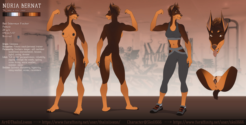 abs absurd_res anthro athletic canid canine canis clothed clothing coach digital_drawing_(artwork) digital_media_(artwork) dobermann domestic_dog female fitness hi_res mammal model_sheet muscular nude nuria_bernat pinscher solo thalislixeon