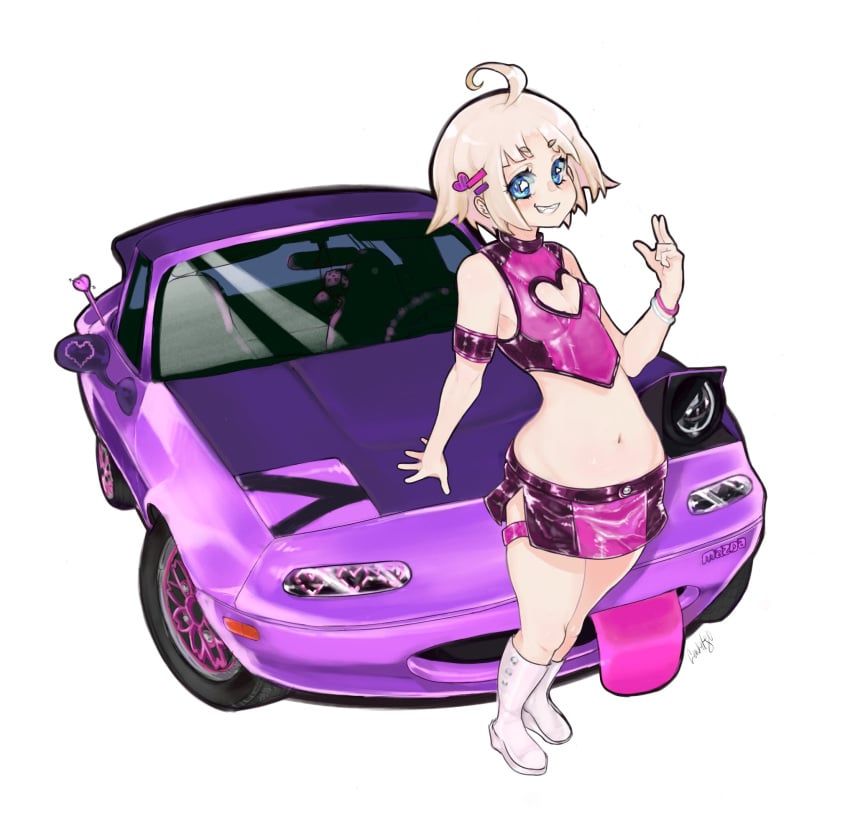 ahoge bangs blonde_hair blue_eyes breasts car cenketsu cleavage_cutout clothing_cutout crop_top eunos_roadster female ground_vehicle hair_ornament hairclip heart heart_hair_ornament highres looking_at_viewer mazda mazda_miata mazda_mx-5 miata miniskirt motor_vehicle navel original purple_skirt signature skirt smile solo white_footwear