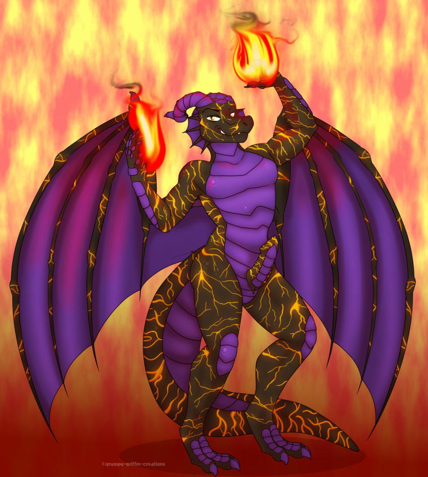 2021 anthro claws digital_media_(artwork) dragon erection feet fin fire genitals glowing grumpy_griffin_creations hi_res horn lava looking_at_viewer magic male nude open_mouth penis pose presenting smile solo standing toe_claws toes wings