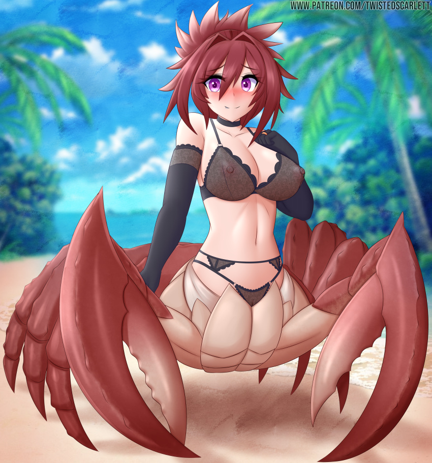 2021 areola arthropod arthropod_taur blurred_background breasts crab crab_taur crustacean crustacean_taur decapoda digital_media_(artwork) eyebrows eyelashes female fingers genitals hi_res looking_at_viewer malacostracan marine marine_taur monster_girl monster_girl_1000 navel nipples nude original_character outside purple_eyes pussy smile solo taur text twistedscarlett60 url