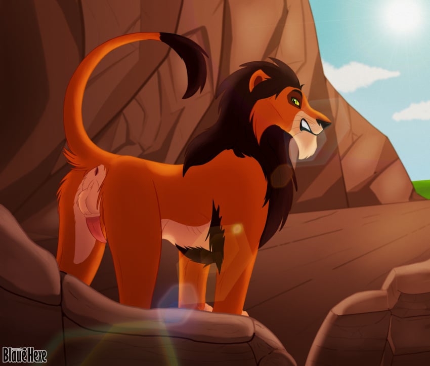 1boy 2021 anus balls black_hair blauehexe detailed_background digital_media_(artwork) disney feline_penis feral furry green_eyes hi_res lion male male_only orange_fur presenting scar scar_(the_lion_king) solo stone tagme testicles the_lion_king villain