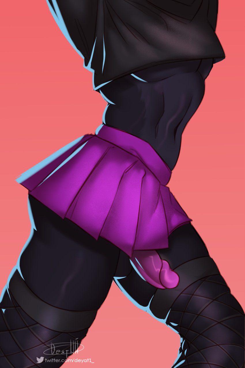 absurd_res anthro black_body bottomwear clothing crop_top deity deyati domestic_cat felid feline felis genitals girly hi_res legwear male mammal penis pinup pose prosthetic purple_penis shirt skirt solo stockings teasing thick_thighs topwear