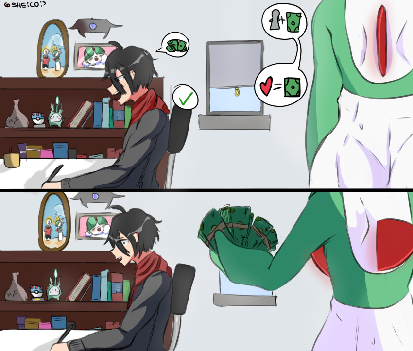 2022 2koma ahoge anthro black_hair bookshelf clothing comic desk detailed_background duo female furniture gardevoir generation_3_pokemon glowing great_ball hair half-length_portrait human humanoid male mammal money nintendo not_furry open_mouth persuasion pokeball pokemon pokemon_(species) portrait raven_(sheico) rear_view sheico shein_(sheico) signature table tight_clothing writing_text