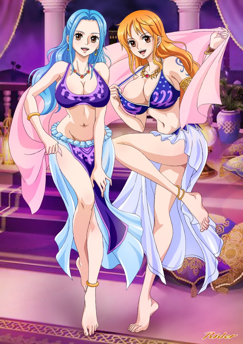 2girls alabasta anklet arabasta_saga arabian_clothes armlet barefoot belly_dancer belly_dancer_outfit big_breasts blue_hair bracelet breasts busty cleavage dancer dancer_outfit feet female female_only harem_girl harem_outfit hourglass_figure large_breasts light-skinned_female long_dress long_hair multiple_girls nami necklace nefertari_vivi one_piece orange_hair post-timeskip post_timeskip raida_(j5einmnjp3r49k6) sex shounen_jump smile tiptoes toes voluptuous