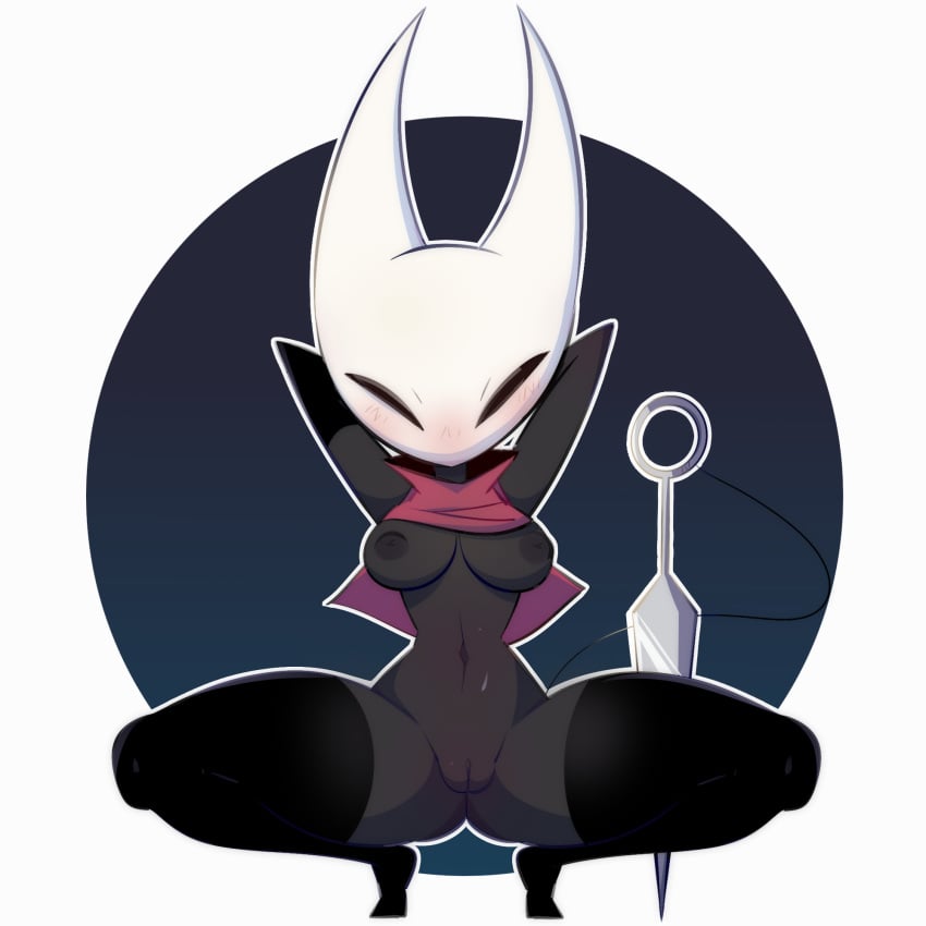 areolae black_body blush breasts cape cloak female genitals hi_res hollow_knight hornet_(hollow_knight) humanoid medium_breasts nipples oopsynsfw presenting pussy red_cape simple_background solo spread_legs spreading squatting team_cherry thick_thighs thighhighs video_games