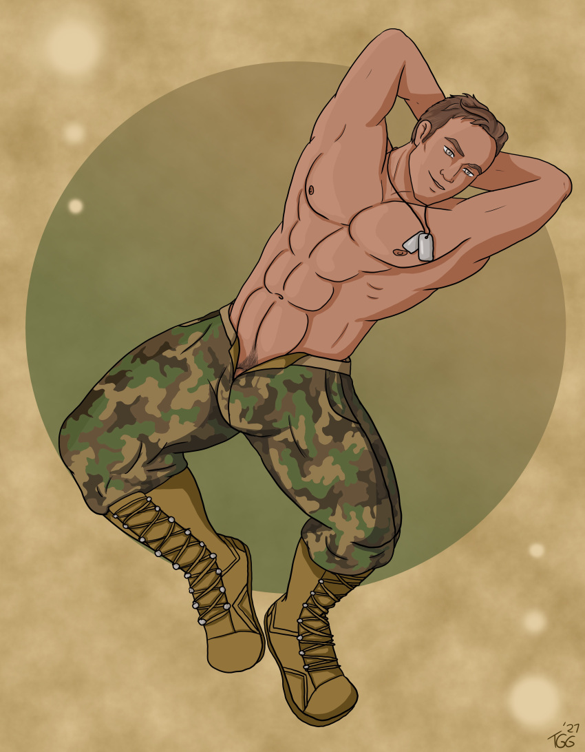 1boy abs albert_bishop camouflage_pants dark-skinned_male dog_tags lovelink male_only military_boots muscular soldier solo solo_male tagme teddygayguy twink