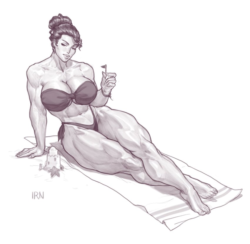 beach big_breasts bikini iranon monochrome muscular muscular_female muscular_thighs thick_thighs