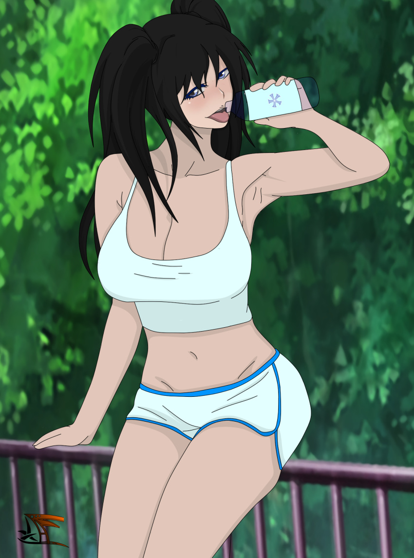 1girls bambietta_basterbine black_hair bleach bleach:_the_thousand-year_blood_war clothed clothed_female clothes clothing drinking_water exercise_clothing female female_only fully_clothed short_shorts shorts solo sports_bra sportswear twintails