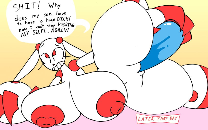 big_ass big_breasts dialogue dildo gritted_teeth hyper_breasts hyper_testicles implied_incest mom_bot_(rexon02) rexon02 robot