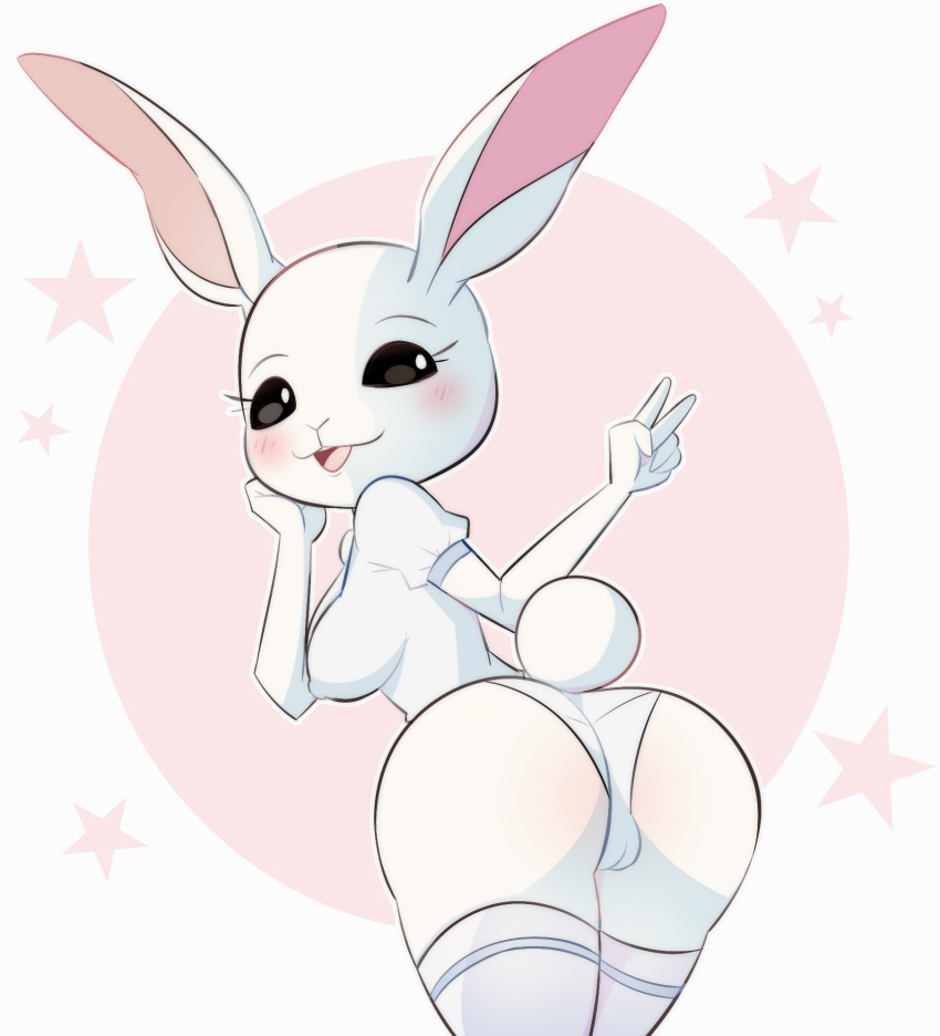 2021 anthro ass beastars breasts cameltoe female gesture haru_(beastars) hi_res lagomorph leporid mammal oopsynsfw rabbit simple_background smile solo thighhighs v_sign white_background white_body