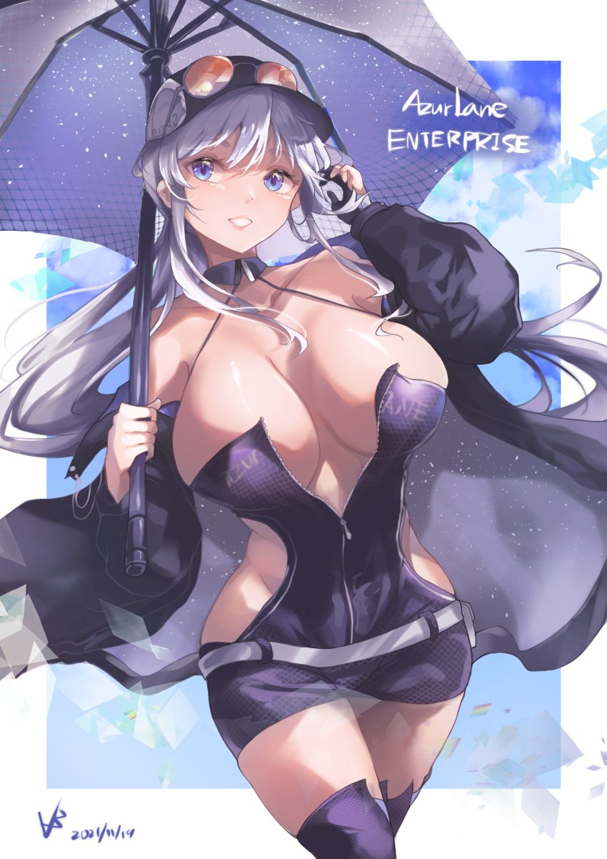 1girls azur_lane bare_hips bare_shoulder bare_shoulders big_breasts blue_eye blue_eyes blue_eyes_female breasts enterprise_(azur_lane) enterprise_(wind_catcher)_(azur_lane) eyebrows_visible_through_hair female female_only glasses glasses_on_hat hat holding holding_object holding_umbrella hourglass_figure huge_breast iparuputsua large_breasts long_hair long_hair_female massive_breasts no_bra pointy_chin thick_thighs thighs umbrella white_hair white_hair_female woman