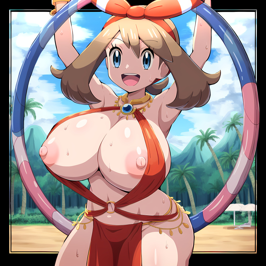 2024 ai_art ai_generated arabian_clothes armpits arms_up belly_dancer belly_dancer_outfit blue_eyes bracelet breasts brown_hair cleavage female game_freak highres huge_breasts hula_hoop jewelry may_(pokemon) nintendo nipple_slip nipples outdoors pokemon smile sweat underboob