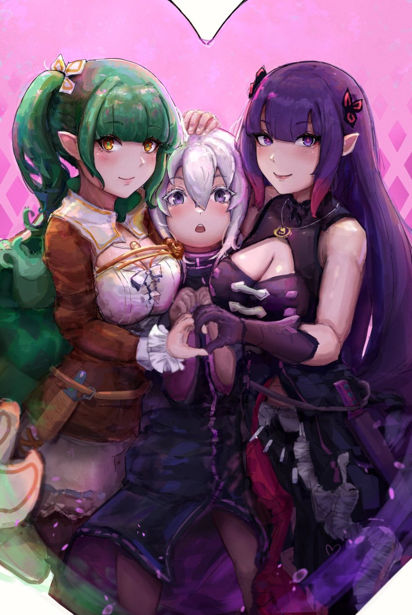 3girls bangs boob_window breasts cleavage clothed clothing corosu dagger elf elf_ears elf_female elf_girl green_hair hair_ornament hairpin half-elf heart heart_hands long_hair lyra_(re:zero) omega_(re:zero) orange_eyes pointy_ears ponytail purple_eyes purple_hair re:zero_kara_hajimeru_isekai_seikatsu shion_(re:zero) side_ponytail tagme white_hair