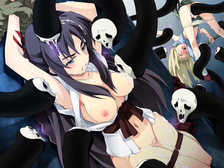 angry arms_up black_hair blonde_hair blue_eyes blush bottomless braid breast_sucking breasts censored cleavage cum female female_only footwear hair_ribbon highres hoshimura_makina knee_socks kneehighs kneesocks long_hair multiple_girls nipples no_bra no_panties open_clothes open_mouth open_shirt panties panties_down panty_pull restrained_by_tentacles ribbon saipaco shikabane_hime shirt skirt skirt_lift socks stripped_by_tentacles tentacle tentacle_in_pussy tentacle_sucking_breasts tied_hair twintails underwear undressing very_long_hair white_socks