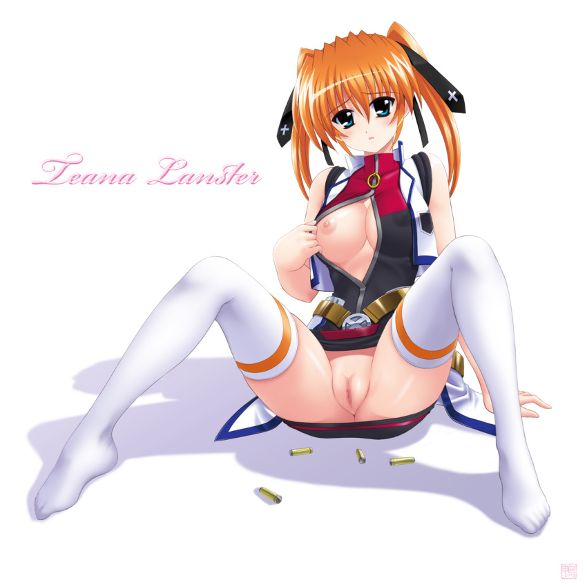 breasts brown_hair censored female highres kamogawa_tanuki lyrical_nanoha mahou_shoujo_lyrical_nanoha_strikers open_clothes open_shirt pussy shirt sitting solo teana_lanster thighhighs tied_hair twintails uniform weapon white_legwear white_thighhighs