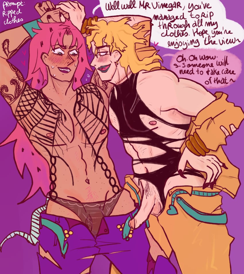 2boys blonde_hair blush diavolo dio_brando gay jojo's_bizarre_adventure looking_at_another's_penis looking_at_penis male male/male male_only pink_hair stardust_crusaders succikkodraws torn_clothes vento_aureo yaoi