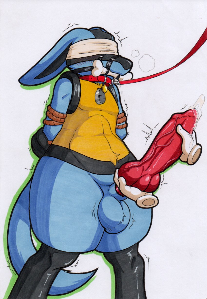 absurd_res ambiguous_gender animal_genitalia animal_penis anthro anthro_focus balls blindfold blue_body blue_fur bodily_fluids bondage bound canid canine canine_genitalia canine_penis collar disembodied_hand duo fur generation_4_pokemon genitals handjob hi_res knot knotted_penis leash lucario male male/ambiguous male_focus mammal nintendo penile penis petplay pokemon pokemon_(species) puppyplay restraints roleplay rotten_owl sex simple_background solo_focus submissive tail traditional_media_(artwork) tugging