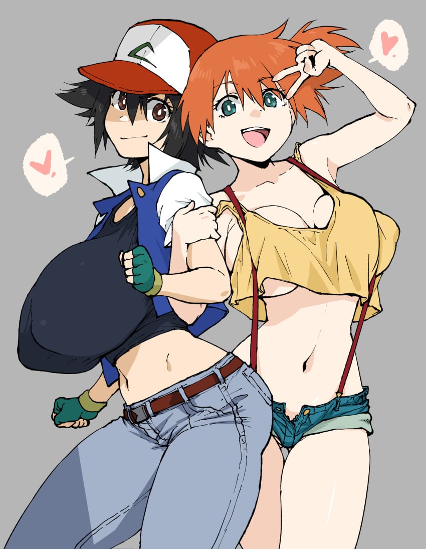 2girls alternate_breast_size ash_ketchum asymmetrical_hair black_hair blush breasts brown_eyes creatures_(company) curvy denim denim_shorts female female_only game_freak gen_1_pokemon green_eyes green_shorts gym_leader hair_tie heart henriiku_(ahemaru) highres huge_breasts human kasumi_(pokemon) large_breasts legs multiple_girls navel nintendo orange_hair pokemon pokemon_(anime) pokemon_(classic_anime) pokemon_journeys ponytail rule_63 satoshi_(pokemon) shirt short_hair short_shorts shorts side_ponytail simple_background smile suspender_shorts suspenders tank_top thick_thighs thighs yellow_shirt