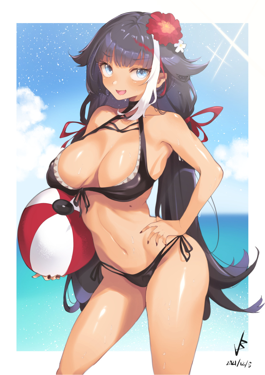 1girls armpits azur_lane bare_armpits bare_arms bare_belly bare_hands bare_shoulder bare_shoulders bare_stomach bare_thighs big_breasts bikini black_bikini black_eyebrows black_fingernails black_hair black_hair_female blue_eye blue_eyes blue_eyes_female blue_sky breasts cloud clouds cloudy_sky deutschland_(azur_lane) eyebrows_visible_through_hair eyelashes eyelashes_visible_through_hair female female_only fingernails hairless_armpits hourglass_figure huge_breast iparuputsua large_breasts long_hair long_hair_female massive_breasts open_mouth pointy_chin string_panties volleyball woman