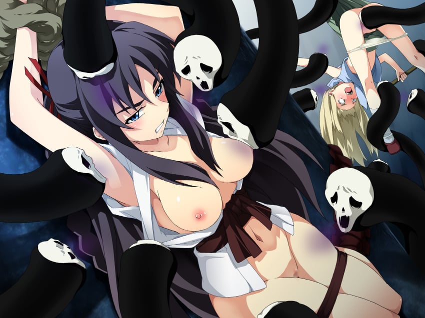 angry arms_up black_hair blonde_hair blue_eyes blush bottomless braid breast_sucking breasts censored cleavage female female_only hair_ribbon highres hoshimura_makina knee_socks kneehighs kneesocks long_hair multiple_girls nipples no_bra no_panties open_clothes open_mouth open_shirt panties panties_down panty_pull restrained_by_tentacles ribbon saipaco shikabane_hime shirt skirt skirt_lift socks stripped_by_tentacles tentacle tentacle_in_pussy tentacle_sucking_breasts tied_hair twintails underwear undressing very_long_hair white_socks