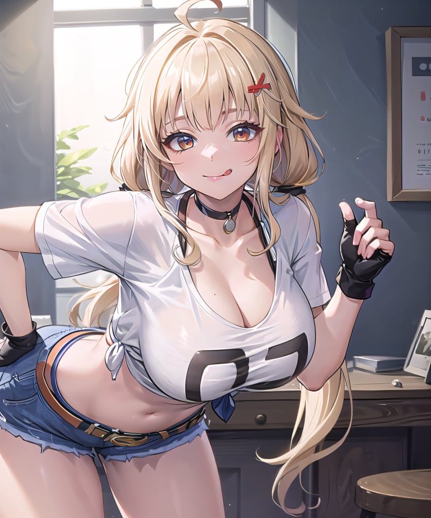 1girls ai_generated belly_button belt bent_over blonde_hair breasts choker cleavage closed_mouth cowboy_shot denim_shorts exposed_midriff exposed_torso female female_only fingerless_gloves gloves hairclip hand_on_hip highres jean_shorts large_breasts licking_lips looking_at_viewer micro_shorts mole mole_on_breast naughty_face revealing_clothes shirli_(tower_of_fantasy) short_shorts shorts smiling smiling_at_viewer solo solo_female solo_focus tied_shirt tongue tongue_out tower_of_fantasy twintails white_shirt