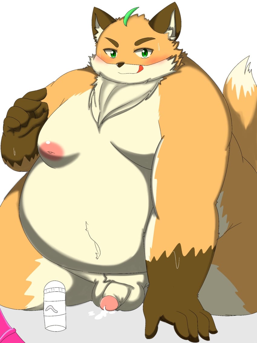 anthro balls belly blush bodily_fluids cum fupa fur genital_fluids genitals hi_res iyo_(tamacolle) kemoduelist male moobs nipples nude orange_body orange_fur penis smile solo tamacolle