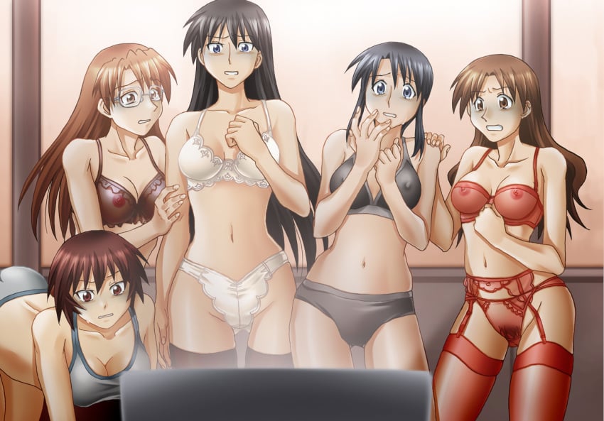 azumanga_daiou bent_over black_bra black_hair black_lingerie black_panties black_thighhighs blue_bra blue_eyes blue_panties bra breasts brown_eyes brown_hair cleavage clenched_teeth clothes clothing dark_hair erect_nipples eyewear female female_only garter_belt glasses human kagura_(azumanga_daiou) koyomi_mizuhara legs_together legwear lingerie long_hair matching_underwear medium_breasts multiple_girls ninshinomiya_sakuko nipples nyamo_minamo_kurosawa panties pointy_chin pubic_hair red_bra red_legwear red_lingerie red_panties red_thighhighs sakaki scared see-through shocked short_hair small_breasts sports_bra stockings surprised tears television thighhighs turn_pale underwear white_bra white_lingerie white_panties wide_eyed wide_hips yukari_tanizaki