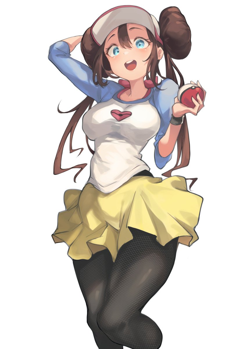 1girls :d absurdres arm_up big_breasts black_pantyhose blue_eye blue_eyes blue_eyes_female bow breasts brown_eyebrows brown_eyelashes brown_hair brown_hair_female creatures_(company) double_bun doughnut_hair_bun eyelashes female female_only game_freak hair_between_eyes hair_bun hair_buns hand_up hand_watch highres holding holding_object holding_poke_ball hourglass_figure huge_breast iparuputsua large_breasts long_hair long_hair_female massive_breasts nintendo one_arm_up only_female open_mouth pantyhose pantyhose_under_shorts pink_bow pink_ribbon poke_ball poke_ball_(basic) pokeball pokemon pokemon_bw2 pokemon_trainer raglan_sleeves ribbon ribbons rosa_(pokemon) shorts simple_background skirt smile solo teeth thick_thighs thighs tongue trainer twintails upper_teeth_only visor_cap white_background woman yellow_shorts yellow_skirt