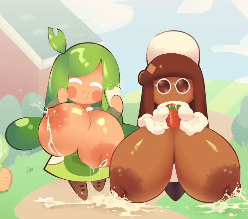 2girls adorable big_breasts breasts brown_eyes casual_exposure casual_nudity clothes clothing cocoa_cookie cookie_run corruptedbrain cute dark-skinned_female huge_breasts hyper_breasts lactating lactation light-skinned_female nipples spinach_cookie tag