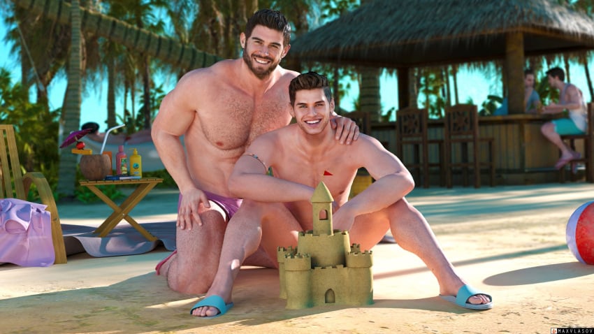 3d 3d_(artwork) 3d_model 4boys 4males background_characters beach beach_ball bromance bros_being_bros brother/brother brothers brown_eyes brown_hair capcom chris_redfield crossover day daytime duo_focus family friendly friends friendship hairy hairy_body hairy_chest heterochromatic_eyes heterochromatic_irises heterochromia island lean_body lean_muscle light-skinned_male light_skin male_only maxvlasov muscles muscular muscular_male nathan_drake naughty_dog no_visible_genitalia palm_trees paradise piers_nivans resident_evil resident_evil_6 samuel_drake sandcastle smiling smiling_at_viewer tagme uncharted uncharted_4 vacation wholesome