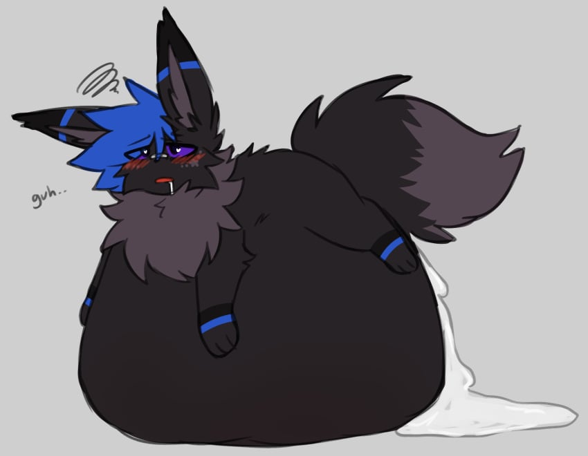 2024 ambiguous_gender belly big_belly black_body black_fur blue_hair blush blush_lines bodily_fluids cum cum_ballooning cum_inside cumflated_belly cumflation drooling eevee excessive_cum excessive_genital_fluids feral fur generation_1_pokemon genital_fluids hair hi_res huge_belly hyper hyper_cumflation hyper_inflation inflation leaking_cum nintendo pokemon pokemon_(species) purple_eyes saliva solo transtorracat volt_(transtorracat)