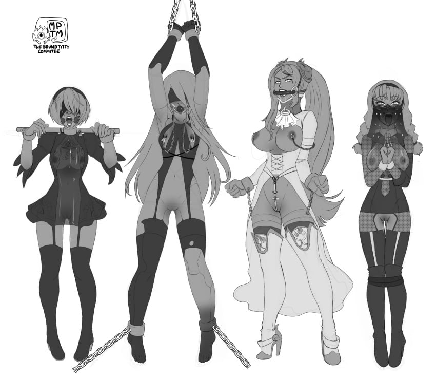 alternate_costume ball_gag bdsm_collar bit_gag blindfold blindfolded bondage bondage_gear butterfly_gag collar collared cuff_(restraint) drool drooling exposed_breasts exposed_pussy gag gagged latex latex_dress my_pet_tentacle_monster nier:_automata nipple_clamps operator_6o pierced_nipples posture_collar pussy_juice ring_gag see-through_clothing sketch stocks tongue yorha_2b yorha_a2 yorha_commander