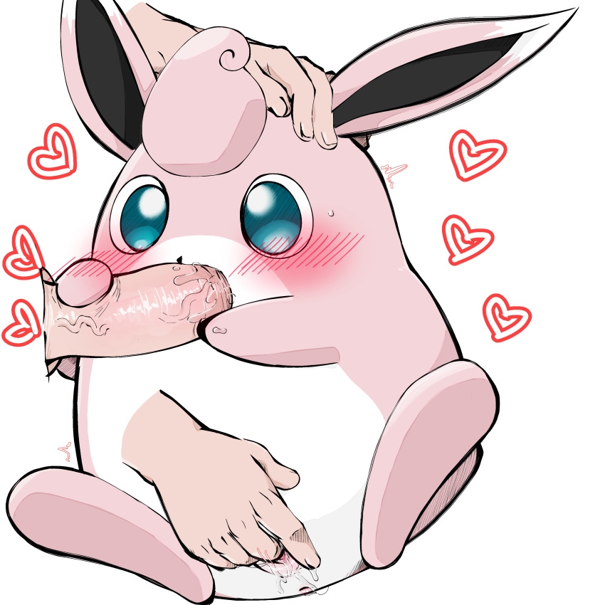 1:1 absurd_res aka_leopard anus black_inner_ear blush blush_lines bodily_fluids countershade_torso countershading dipstick_ears disembodied_hand disembodied_penis duo fellatio female female_on_human feral fingering fur generation_1_pokemon genitals green_eyes hand_on_head heart hi_res human human_on_feral interspecies long_ears male male/female mammal multicolored_body multicolored_ears multicolored_fur nintendo on_model oral penile penis pink_body pink_fur pokemon pokemon_(species) pokephilia saliva sex simple_background sweat two_tone_body two_tone_fur vein veiny_penis white_background white_body white_fur wigglytuff zoophilia