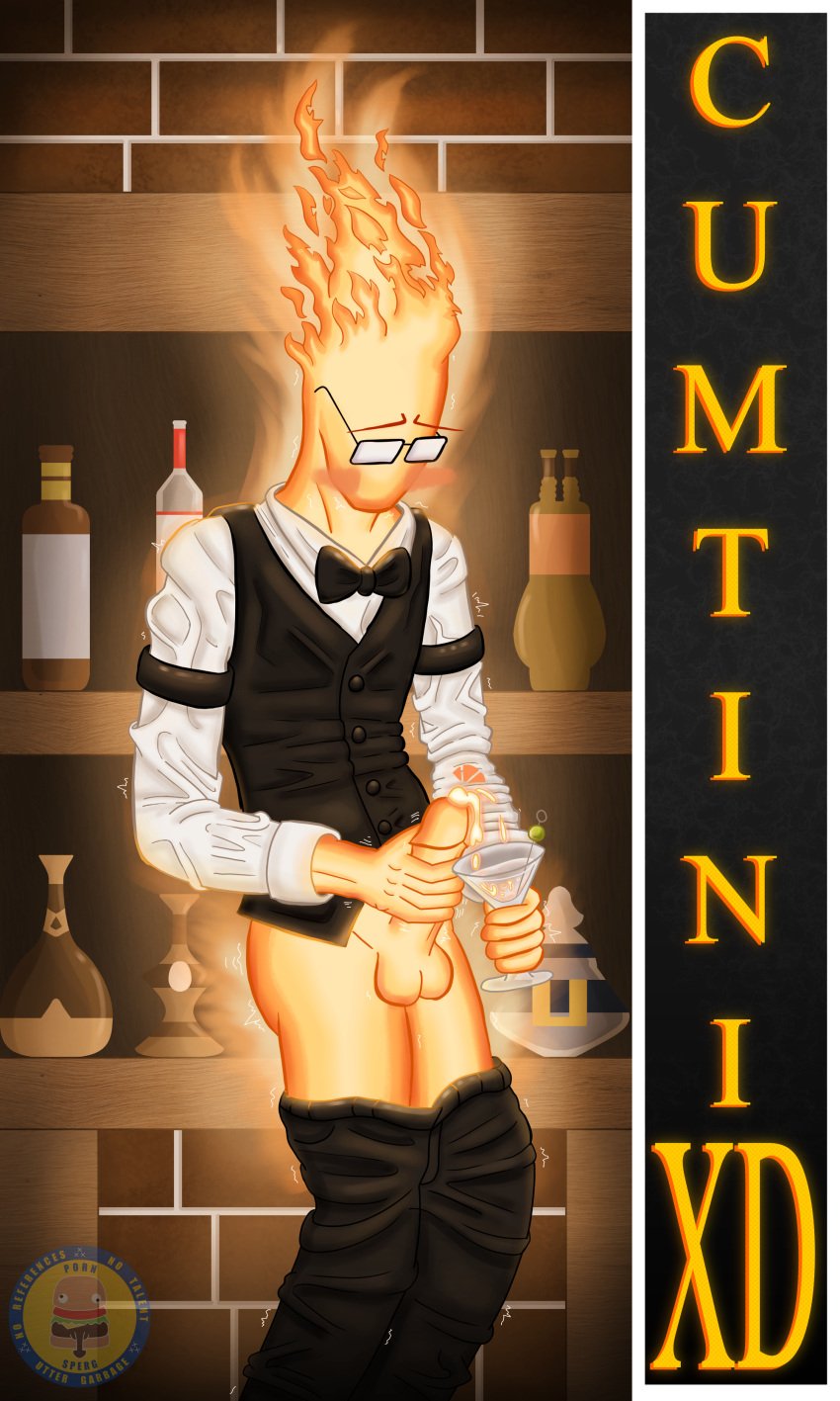 1boy 2d artist_request bar bartender clothed cum cum_in_drink digital_media fire glasses grillby humanoid male male_only martini martini_glass masturbation pants_down penile_masturbation penis pornsperg solo tagme undertale undertale_(series)