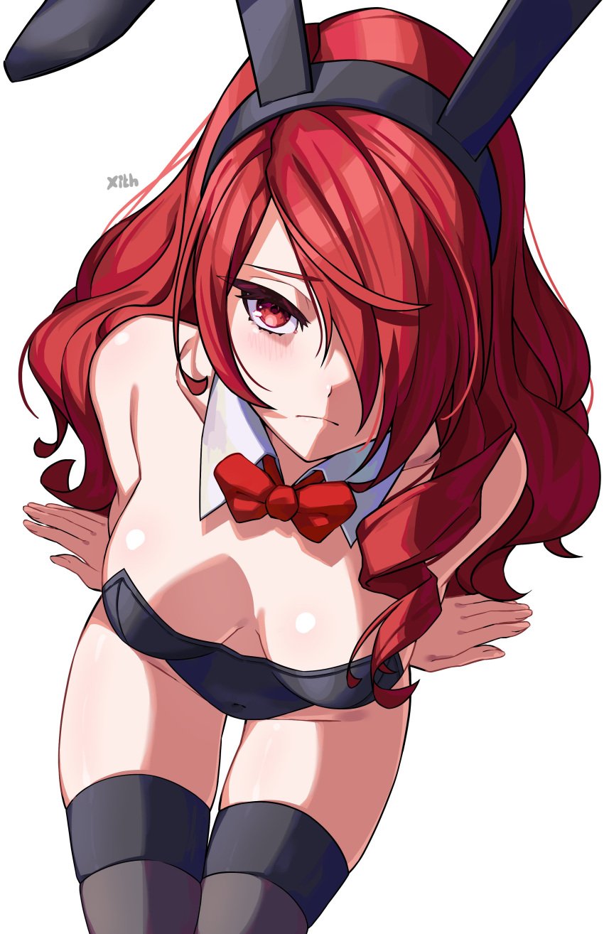 atlus bowtie breasts bunny_ears bunnysuit cleavage detached_collar fake_animal_ears female female_only hair_over_one_eye leotard looking_at_viewer mitsuru_kirijo persona persona_3 red_eyes red_hair solo thighhighs x_xith_x