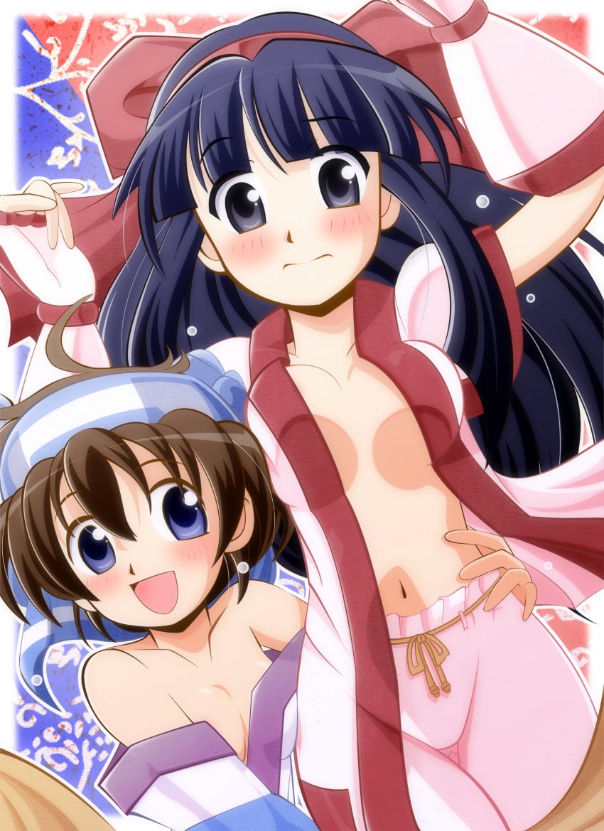 2girls ainu_clothes arm_around_waist arms_up big_breasts blue_eyes blue_hair blush breasts brown_hair busty female female_only grey_eyes hair_ribbon highres large_breasts legs long_hair looking_at_viewer multiple_girls nakoruru navel nervous no_bra open_clothes open_mouth pants ribbon rimururu samurai_shodown short_hair siblings sisters small_breasts smile snk thighs voluptuous