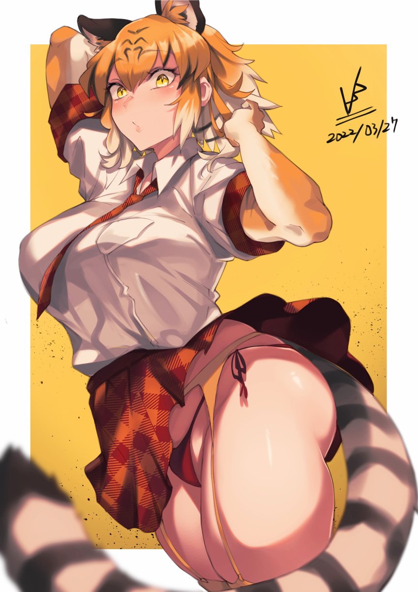 1girls :o absurdres alternate_breast_size animal_ear animal_ears animal_humanoid animal_print animal_tail arm_up ass bare_belly bare_stomach bengal_tiger_(kemono_friends) big_ass big_breasts big_butt black_hair blurry blurry_foreground blush breast_pocket breasts butt collared_shirt cowboy_shot dated dress_shirt dutch_angle ears elbow_gloves extra_ears eyebrows_visible_through_hair eyelashes eyelashes_visible_through_hair female female_humanoid female_only foreshortening garter_belt garter_straps gloves groin hair_between_eyes hand_up highres hourglass_figure huge_ass huge_breast huge_butt humanoid humanoid_hands iparuputsua kemono_friends large_ass large_breasts large_butt looking_at_viewer massive_ass massive_breasts massive_butt medium_hair multicolored_hair necktie only_female orange_hair panties plaid plaid_necktie plaid_neckwear plaid_skirt plaid_sleeves plaid_trim pocket pointy_chin print_gloves red_panties red_skirt red_tie shiny_skin shirt short_sleeves side-tie_panties sidelocks skindentation skirt slit_pupils solo streaked_hair string_panties striped_tail tail tented_shirt thick_ass thick_thighs thighhighs thighs tie tiger_ears tiger_girl tiger_humanoid tiger_print tiger_tail underwear white_shirt wing_collar yellow_eye yellow_eyes yellow_eyes_female