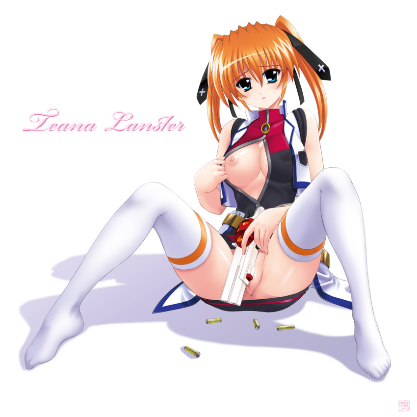 brown_hair censored cross_mirage female gun highres kamogawa_tanuki lyrical_nanoha mahou_shoujo_lyrical_nanoha_strikers open_clothes open_shirt pussy shirt sitting solo teana_lanster thighhighs tied_hair twintails uniform weapon white_legwear white_thighhighs