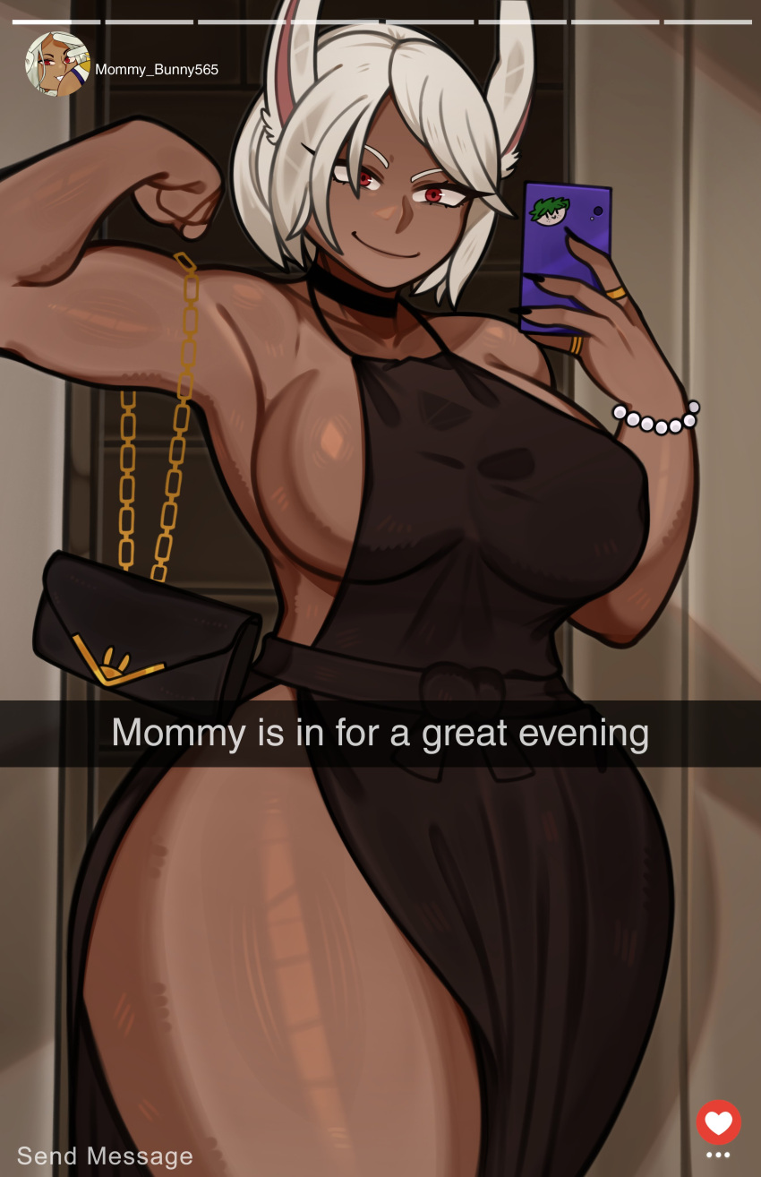 1girls big_breasts bunny_ears choker dark-skinned_female dark_skin dress female female_only high_heels large_breasts looking_at_viewer melonpuff milf mirror mirror_selfie miruko mommy mommy_kink my_hero_academia pearl_bracelet phone red_eyes rumi_usagiyama sideboob solo solo_female solo_focus thick_thighs thighs white_hair wide_hips