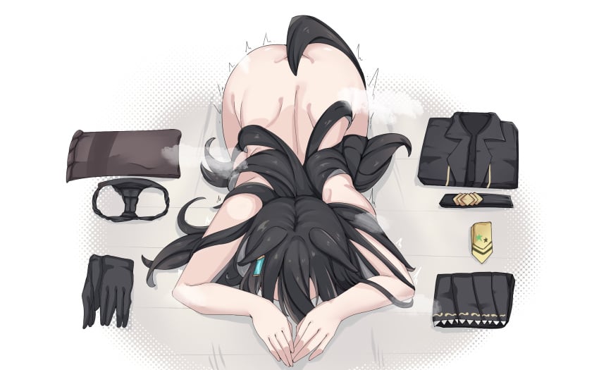 animal_ears belt black_belt black_gloves black_hair black_pantyhose black_shirt black_skirt completely_nude dogeza earrings ears_down english_commentary female gloves grey_background highres horse_ears horse_girl horse_tail jewelry lengkuass long_hair manhattan_cafe_(umamusume) naked_dogeza necktie nude on_ground panties pantyhose shirt simple_background single_earring skirt solo tail umamusume underwear unworn_belt unworn_clothes unworn_gloves unworn_necktie unworn_panties unworn_pantyhose unworn_shirt unworn_skirt visible_air