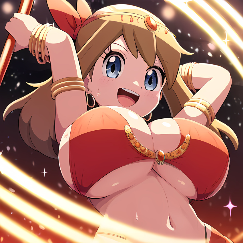 2024 ai_art ai_generated arabian_clothes armpits arms_up belly_dancer belly_dancer_outfit blue_eyes bracelet breasts brown_hair cleavage female game_freak highres jewelry large_breasts may_(pokemon) nintendo pokemon pole_dancing smile underboob