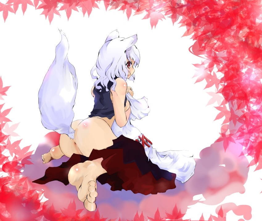 anus ass barefoot highres momiji_inubashiri nazo red_eyes short_hair silver_hair tail touhou uncensored wolf_ear wolf_tail