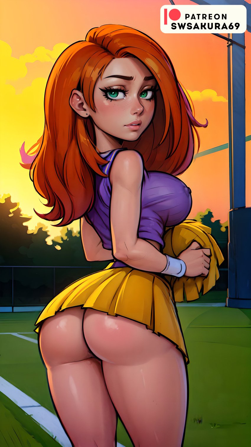 1girls 2d 4k ai_generated ass back big_ass breasts cheerleader cheerleader_uniform disney disney_channel erect_nipples fanart female green_eyes horny_female humanoid kim_possible kimberly_ann_possible large_ass long_hair looking_at_viewer looking_back nipple_bulge no_panties nsfw orange_hair outdoors pokies pom_poms red_hair short_skirt skirt smile solo stable_diffusion swsakura69 wet_pussy