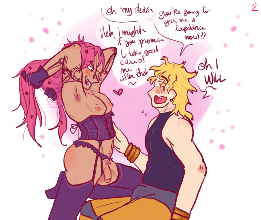 2boys blonde_hair diavolo dio_brando english_text gay jojo's_bizarre_adventure long_hair male male/male male_only partially_clothed penis pink_hair stardust_crusaders succikkodraws text vento_aureo yaoi