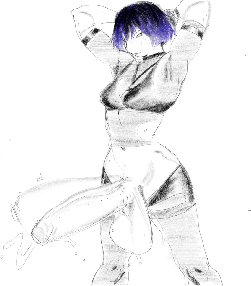 1futa balls big_breasts black_hair breasts clothed clothing erection futa_only futanari huge_cock human khentaiu khentart mostly_nude partially_retracted_foreskin penis purple_highlights reina_mishima short_hair sketch solo standing swinging_penis tekken tekken_8 uncut