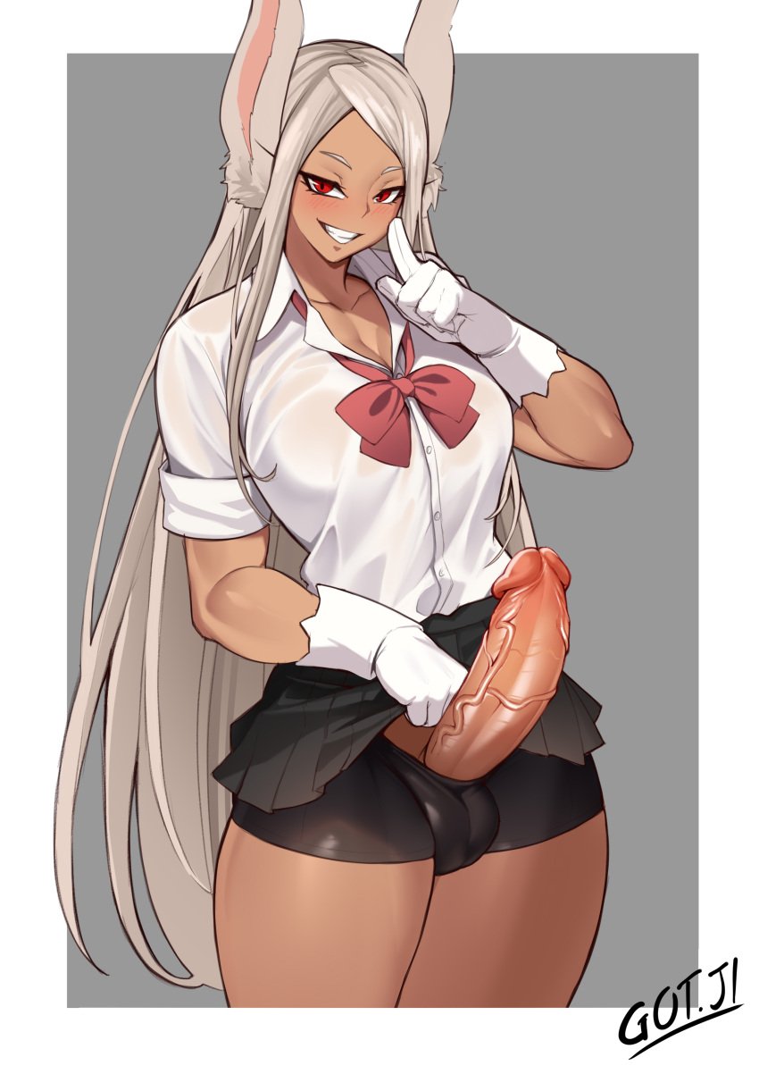 1futa animal_ears areolae balls big_breasts big_penis breasts bunny_ears clothed clothing dark-skinned_futanari dark_skin erect_penis erection futa_only futanari gloves gojich1 heroine huge_cock huge_penis humanoid humanoid_penis kemonomimi large_penis long_hair miruko mostly_clothed my_hero_academia nipples penis penis_out rabbit_ears red_eyes rumi_usagiyama school_uniform schoolgirl schoolgirl_uniform seductive seductive_eyes seductive_look seductive_smile shounen_jump shush shushing skirt smile smiling solo standing superheroine tan thick thick_thighs thighs veiny_penis white_hair